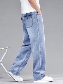 Manfinity Hypemode Celana Panjang Denim Pria Ukuran Besar Warna Biru Muda dengan Potongan Lebar, Cocok untuk Liburan Musim Panas dan Kasual. - Light Wash - View 4