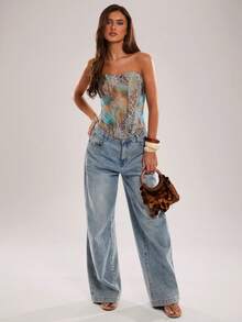 SHEIN BAE Top de corsé con ballenas y estampado animal tipo bandeau casual para mujer, primavera/verano, adecuado para vacaciones, vacaciones en la playa, vacaciones casuales con hermanas, corsé con estampado animal, corsé de malla con ballenas y estampado animal, ropa casual, ropa casual para vacaciones - Azul - Ver 6