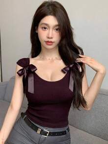 Joudiya Backless Bow-Tie Lace Up Short Sleeve Women's Slim Fit T-Shirt Going Out Tops Summer Halter Top - Burgundy - View 9
