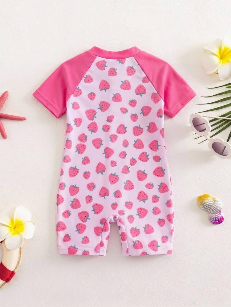 SHEIN Đồ bơi liền thân dệt kim họa tiết dâu tây màu hồng cho bé gái, phù hợp mặc hàng ngày, tắm, đi biển, bơi lội, nghỉ dưỡng và đi biển - Hồng - Xem 2