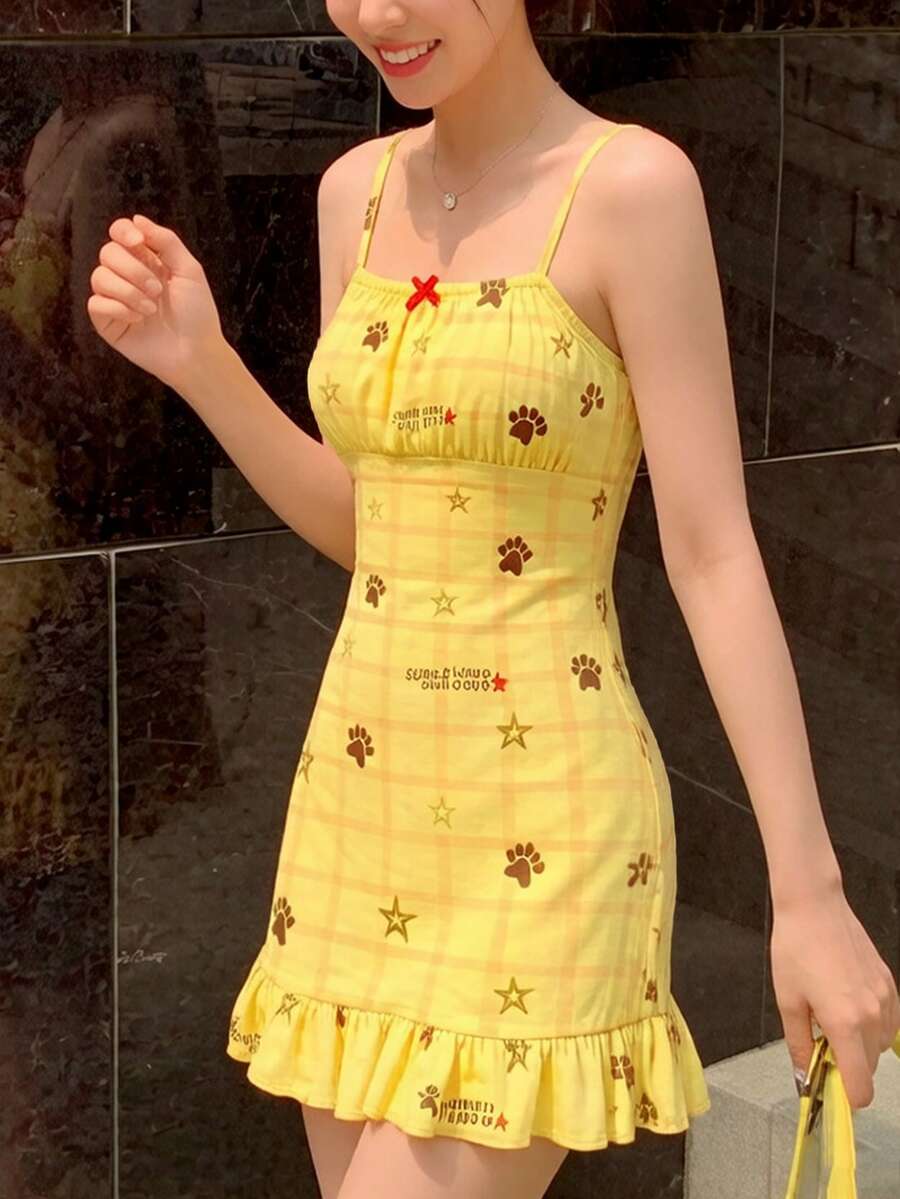 INAWLY 女士优雅通勤针织格纹印花褶皱吊带连衣裙,饰有蝴蝶结和荷叶边下摆,春夏款 - 黃色 - 查看 1
