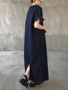 FRIFUL 女款圓領短袖寬鬆牛仔洋裝 - 藍色 - 查看 5