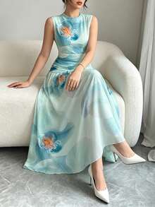 Modelyn 藍色蘭花印花法式無袖洋裝，女款時尚低腰收腰設計長版雪紡花卉洋裝，適合夏季度假與日常穿著 - 彩色 - 查看 3