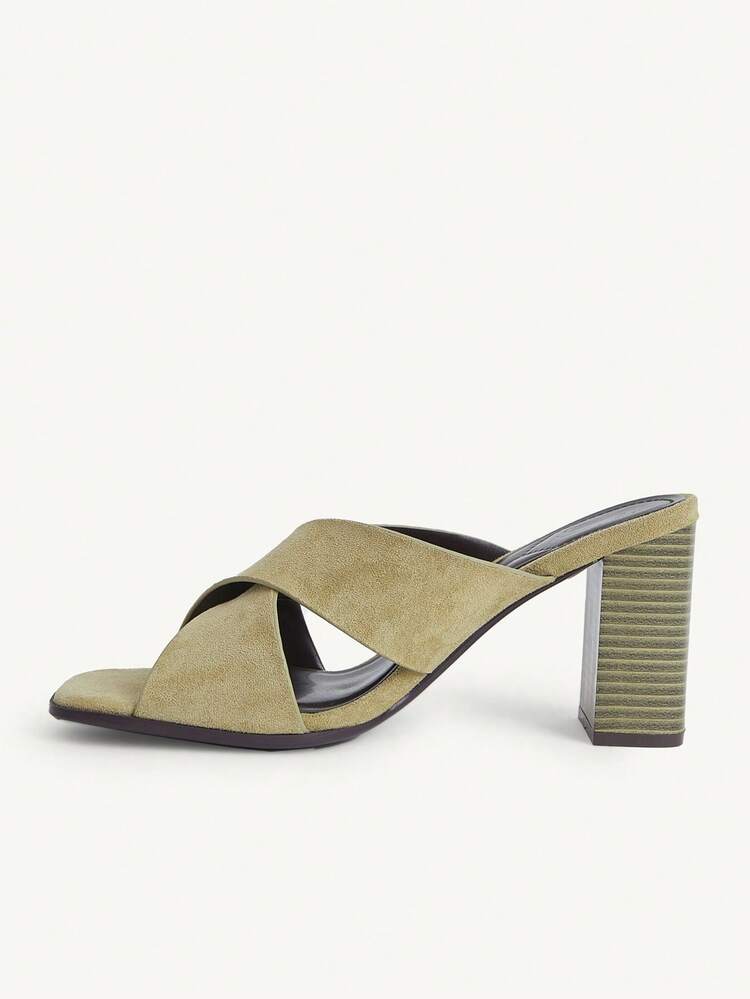 CUCCOO CHICEST Women's Shoes: New Spring-Summer Style With Cross-Strap Design, Square Toe, Chunky Mid-Heel Mules. Vintage High-End Olive Green Suede, Suitable For Daily Commuting, Dates And Summer Outfits.