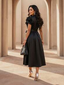 SHEIN Lady Đầm dài xếp ly cổ chữ V màu đen thanh lịch dành cho nữ - màu đen - Xem 2