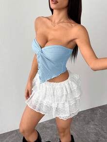 SHEIN PETITE 女款鵝黃色針織紋理抹胸上衣，前中打結開衩波浪邊修身款，適合下午茶、街頭、度假、秋冬穿著，可內搭或外穿，派對穿搭，適合嬌小女性 - 淺藍色 - 查看 4