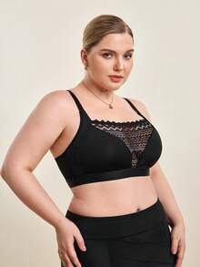 Hourtrue Plus Size Women Lace Patchwork Wireless Bra, Comfortable Lingerie - Black - View 9