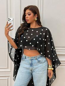 Femmeverse New Elegant Fashionable Black Chiffon Polka Dot Blouse, Casual Versatile, Suitable For Vacation And All Seasons Summer Holiday Wear Fall - Black and White - View 3