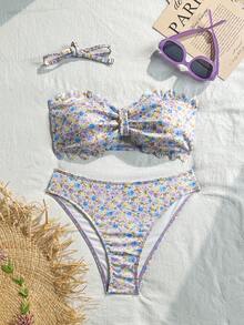 Swim Mod 女款泳衣，青少年女孩，切割邊緣，花瓣邊緣抹胸，甜美可愛，碎花，紋理羅紋面料 - 彩色 - 查看 4