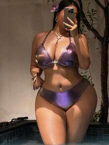 Swim SXY 2026 Spring/Summer Latest Sexy Fashion Elegant Purple Glossy Plus Size Women's Swimwear Set - Purple - View 4
