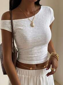 DAZY Solid Asymmetrical Neck Crop Tee,Back To School Clothes Preppy Tops - White - View 14