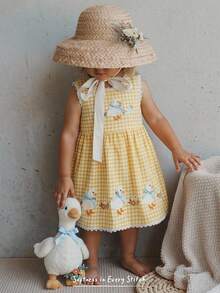 Cozy Pixies Baby Girls Sleeveless Floral Woven Dress,Yellow Plaid Duck Print Dress With Bow,Cute Summer Princess Dress,Comfortable Party Pastoral Nordic Outings - Yellow - View 10