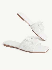CUCCOO CHICEST White Square Toe Lace Bow Sandals, Mesh Yarn, Daily Commuting Versatile Drag Summer - White - View 4