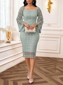 SHEIN Lady 四季秋季服装 舞会礼服 优雅女士连衣裙 秋季紫色连衣裙 蕾丝镂空面料婚纱 紫色返校礼服 音乐会女士蕾丝长袖套装 优雅修身喇叭长袖连衣裙 秋季女士服装 - 薄荷綠 - 查看 6