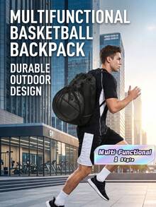 1 Set Backpack With Independent Mesh Ball Bag, Black Nylon Training Bag, Laptop And Tablet Book School Bag, Drawstring Bag For Helmets, For Students Outdoor Sports And Cycling Football Basketball Volleyball Thin Rope Shoulder Bag - Black - View 3
