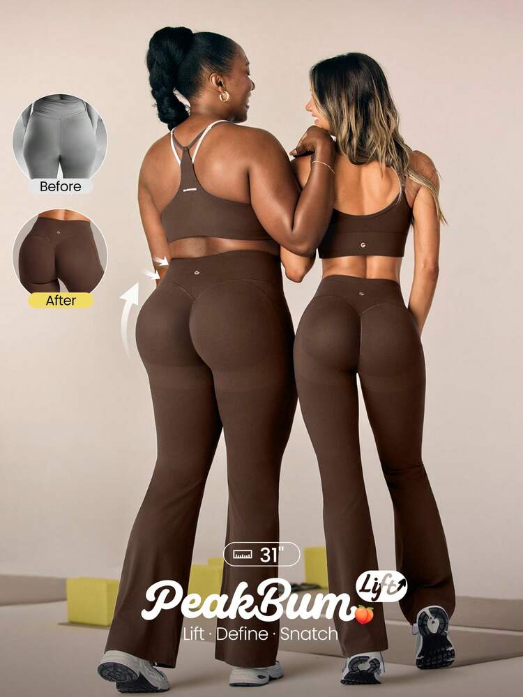 31" Peakbum-Lift FeatherFit™-Sculpt Butt-Lifting Tummy Control Flare Leggings With Side Pockets Training Running Workout Gym Fitness Wear