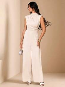 SHEIN Tall Mono elegante y minimalista de mujer, de estilo urbano y chic, con cuello alto pequeño, mangas cortas, cintura alta y piernas anchas, en color albaricoque - Marrón - Ver 1