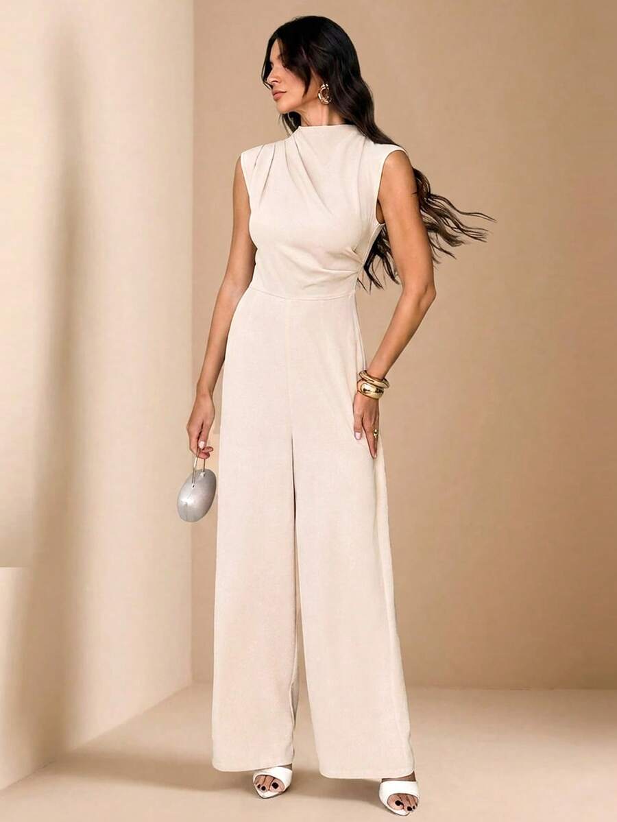 SHEIN Tall Mono elegante y minimalista de mujer, de estilo urbano y chic, con cuello alto pequeño, mangas cortas, cintura alta y piernas anchas, en color albaricoque - Marrón - Ver 1