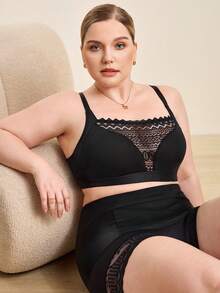 Hourtrue Plus Size Women Lace Patchwork Wireless Bra, Comfortable Lingerie - Black - View 11