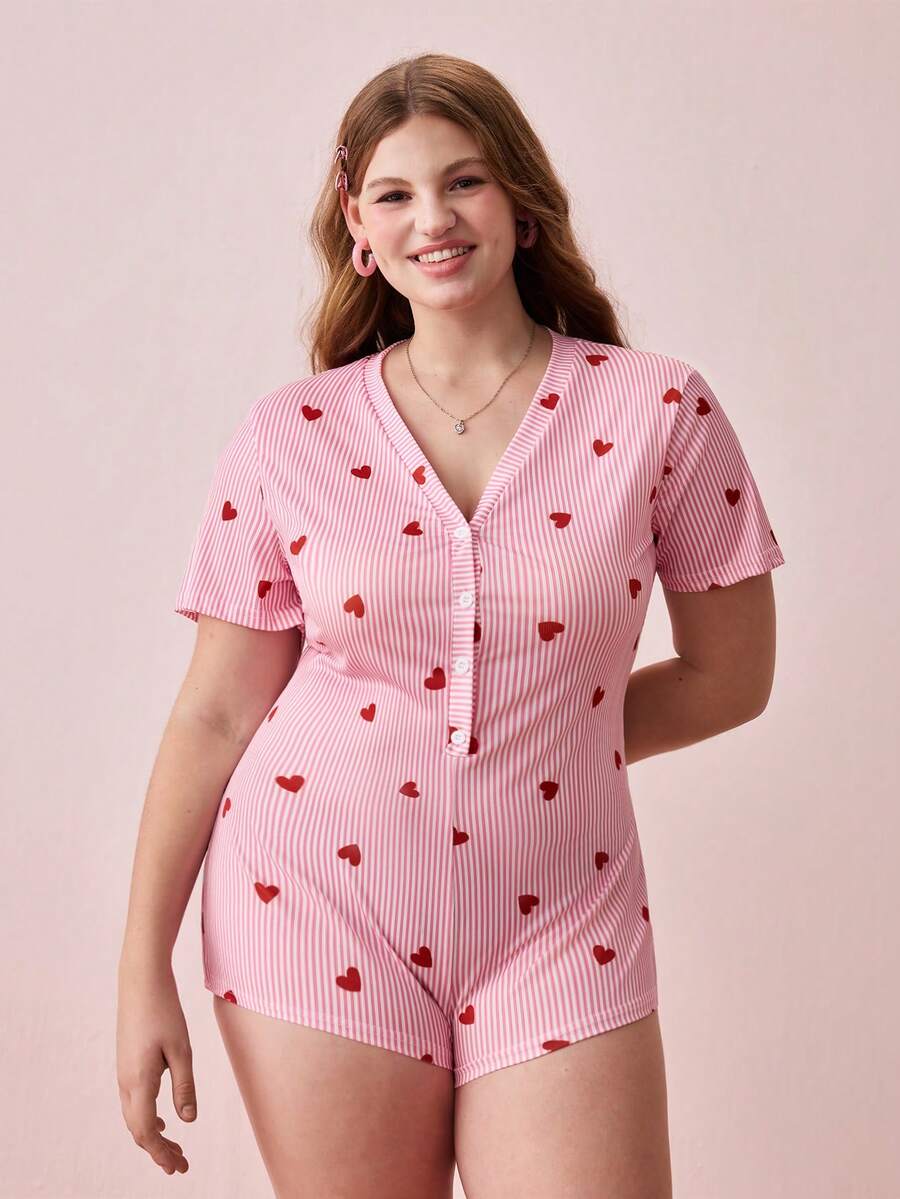 Bonmuse Plus Size Sexy Striped Heart Print Short Sleeve Jumpsuit - Pink - View 1
