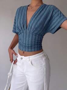 Aloruh Women's Summer Casual Striped Ruched Waist T-Shirt - White - View 4