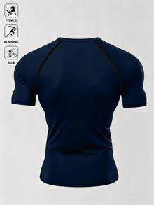 Acti Log 1pc Men's Summer Contrast Stitch Raglan Short Sleeve Compression Sports T-Shirt, Suitable For Fitness, Running, Cycling, Gym, Holiday - Navy Blue - View 2