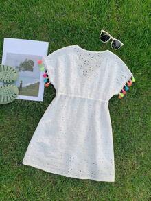 SHEIN LMoss Kids 少女度假休閒流蘇裝飾抽繩腰身洋裝 - 白色 - 查看 2