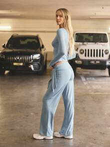 Aralina Leisurewear Casual Active Loungewear Mock Wrap Longsleeve Top Women's 2pcs With Relaxed Tie Waistband Pant Gym Workout Pilates Yoga Two Piece Set - Dusty Blue - View 9