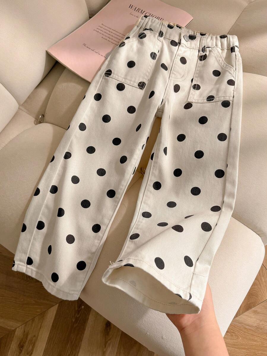 SHEIN Genkimix Kids 少女奶油白圓點寬腿褲,寬鬆直筒褲管,時尚百搭休閒 100% 牛仔牛仔褲,修身貼合版型,適合日常上學出遊、度假風格必備,韓系少女圓點風,部落客同款氛圍 - 彩色 - 查看 1