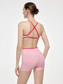 Bralution 2pcs Pink Contrast Color Cross Back Sports Bra Set, Suitable For Gym, Daily Casual Wear - Pink - View 3
