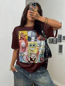 SpongeBob SquarePants | SHEIN 女款夏季休閒卡通印花T恤 - 白色 - 查看 5