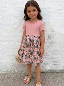 Emery Rose Kids Emery Rose Kids 少女可愛粉色度假針織拼接花卉圖案短袖洋裝 - 粉色 - 查看 3