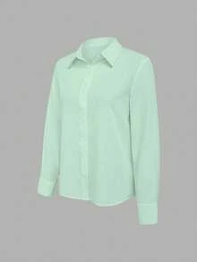 SHEIN Holidaya 女款素色休閒單排扣長袖襯衫 商務辦公 - 綠色 - 查看 4