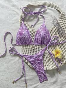 Swim Vcay Springbreak Women's Shell Print Halter Neck Bikini Two-Piece Swimsuit - Purple - View 6