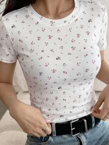 DAZY 女款夏季休閒度假日常通勤碎花短袖修身T恤圖案上衣 - 彩色 - 查看 6