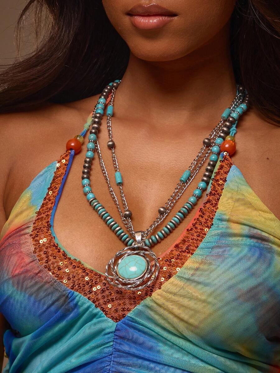 MUSERA 1 chiếc vòng cổ hạt phong cách Bohemian thời trang nhiều lớp dây ngọc lam vòng tròn phóng đại dùng hàng ngày và du lịch cho nữ - Nhiều màu - Xem 1