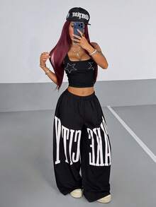 StreetHx Women's Street Retro Large Letter Print Loose Wide Leg Long Pants - Black - View 5