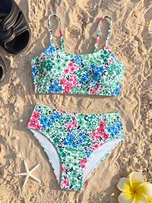 SHEIN Tween Girl Floral Print Spaghetti Strap Bikini Set - Multicolor - View 2