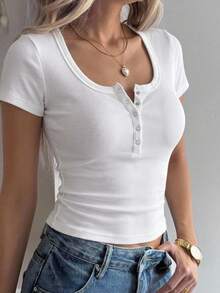 Dazy Star Solid Color Ribbed Knit Short Sleeve T-Shirt,Crop Tops Women - White - View 12