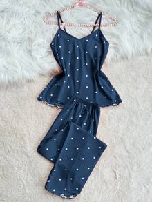 SHEIN Scalloped Edge Polka Dot Print Camisole & Pajama Pants 2 Pieces Set - Navy Blue - View 5