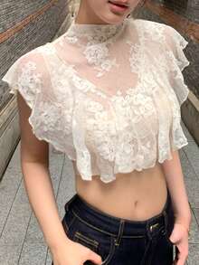 DAZY Elegante Damen-Sommerbluse mit Spitzen-Rüschenbesatz, Schulstil - Aprikosenfarben - Übersicht 1