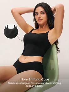 LUVLETTE Bra Tanpa Kawat Tanpa Jahitan 2-in-1 Model Leher Persegi Terintegrasi, Cami Tanpa Punggung, Bra Santai Panjang, Atasan Tank Top Hitam Dasar - Hitam - View 10