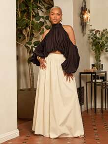 Vixey Crepe Cold Shoulder Elasticized Cuff And Hem Draped Top, Resort Wear, Vacation , Tropical, Beach To Dinner, Resort Chic, Vacation Ready - Brown - View 2