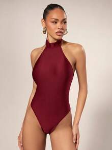 Hauture Women's Sexy Solid Color Backless Halter Neck Bodysuit For Summer - Red - View 5