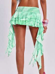 ROMWE Y2K Spring/Summer Vacation Sexy Wild Passionate Gradient Print Waist Rhinestone Embellished Hem Ruffle Women's Mini Cake Skirt - Green - View 7