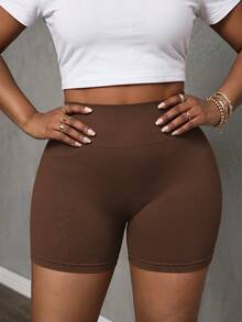Rhythm Era 2pcs/Set Plus Size Women Black & Chocolate Brown Seamless High Waist Yoga Shorts,Summer Athletic Curve Midsize Gym Opaque High Elasticity Fitness - Multicolor - View 2