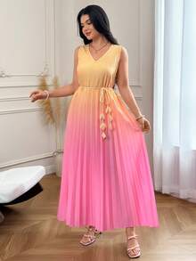 Seusyu Women's Summer Gradient V-Neck Sleeveless Fashion Versatile Long Dress Holiday - Pink - View 3
