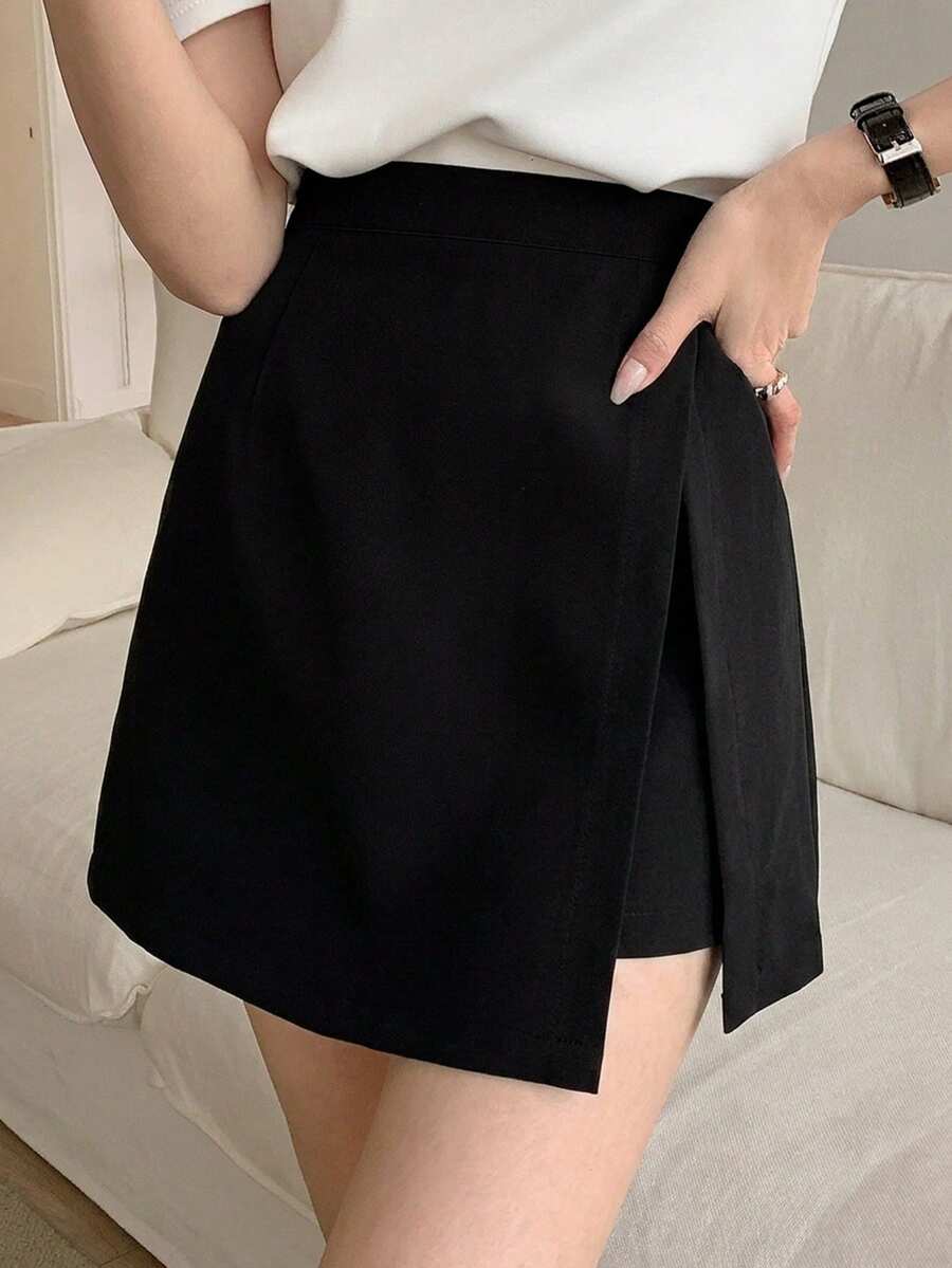 DAZY 女款素色後拉鍊側開衩休閒百搭裙褲 - 黑色 - 查看 1