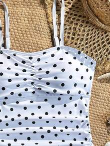 SHEIN Bộ đồ bơi bikini hai mảnh cho bé gái tuổi teen, họa tiết chấm bi, phong cách vintage dễ thương, ôm dáng, đồ bơi trẻ em chấm bi đen trắng cổ điển, thiết kế áo hai dây + eo nhún, ngọt ngào và thanh lịch, lên hình đẹp cho ảnh hồ bơi, phù hợp cho đi du lịch, tiệc hồ bơi, bơi biển và chụp ảnh mùa hè - Đen và trắng - Xem 3