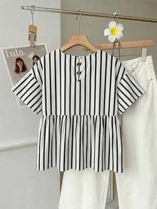 SHEIN EZwear 女款休閒圓領短袖上衣、女款條紋襯衫、女款夏季服飾 - 彩色 - 查看 2